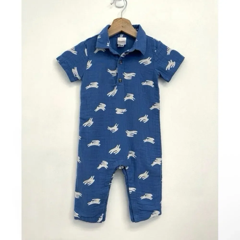 Hanna Andersson Cotton Muslin Bunny Print Romper Polo Short-Sleeve Snap 18-24 mo